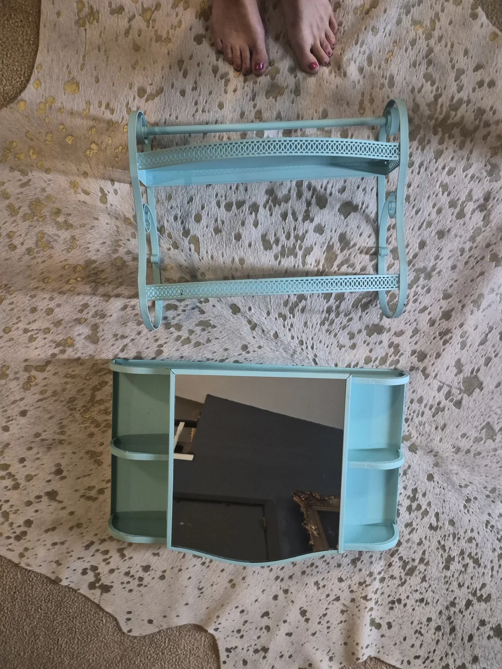 Vintage Metal Aqua Mint Wall Shelf with Mirror Retro